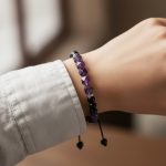 Poignet portant un bracelet ajustable en améthyste violette facettée, onyx noir et séparateurs acier
