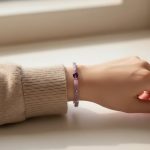 Poignet portant un bracelet élastique en tubes d'améthyste lavande avec perles acier et améthyste foncée centrale