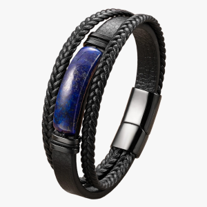 Bracelet homme en cuir noir tressé avec barre centrale en lapis-lazuli et fermoir magnétique