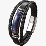 Bracelet homme en cuir blanc tressé avec barre centrale en lapis-lazuli et fermoir magnétique