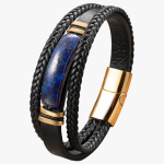 Bracelet homme en cuir or tressé avec barre centrale en lapis-lazuli et fermoir magnétique