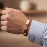 Poignet d'un homme portant un jonc rigide en cuivre rosé torsadé avec aimants