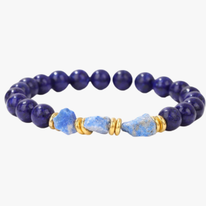 Bracelet homme en lapis-lazuli poli et pierres brutes de lapis-lazuli avec rondelles dorées