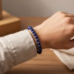 Poignet d'un homme portant un bracelet élastique en perles de lapis-lazuli bleu