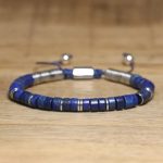 Bracelet homme en rondelles de lapis-lazuli bleu et acier sur cordon ajustable