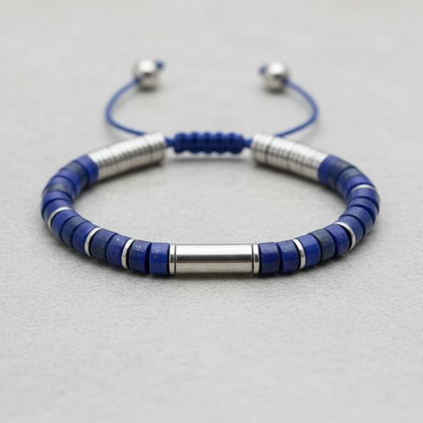 Gros plan d'un bracelet homme en rondelles de lapis-lazuli bleu et séparateurs acier sur fond pierre claire