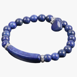 Bracelet en lapis-lazuli avec cœur et barre en lapis-lazuli et séparateurs argentés à strass arriere plan
