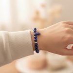 Poignet portant un bracelet en lapis-lazuli avec cœur et barre en lapis-lazuli et strass argentés