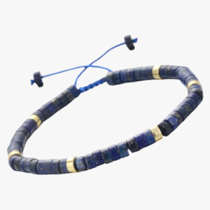 Bracelet lapis-lazuli bleu rondelles heishi séparateurs dorés cordon macramé ajustable