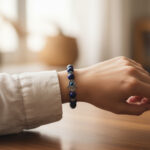 Poignet portant un bracelet en lapis-lazuli avec main de Fatma en argent et œil bleu
