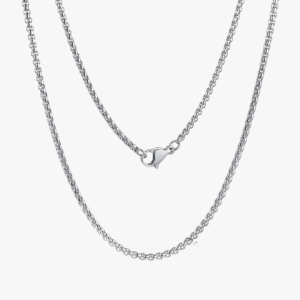 Chaine collier argentée homme maille acier inoxydable fermoir mousqueton vue à plat fond blanc