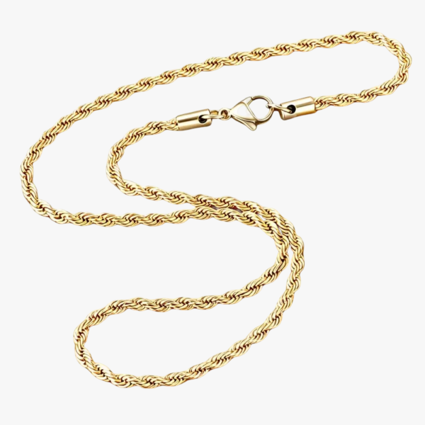 haine collier homme dorée maille torsadée acier inoxydable posée en S fermoir mousqueton fond blanc