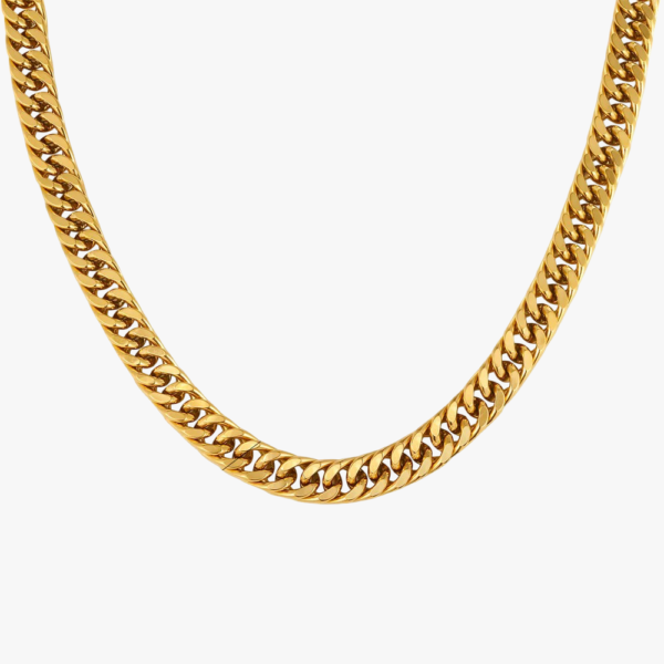 Collier chaîne maille gourmette dorée épaisse homme fond gris