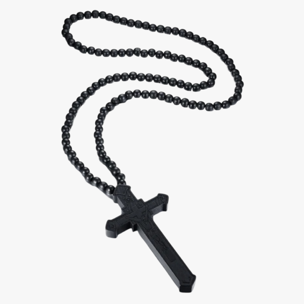 ollier chapelet homme pendentif crucifix en bois sculpté noir avec perles de bois fond blanc