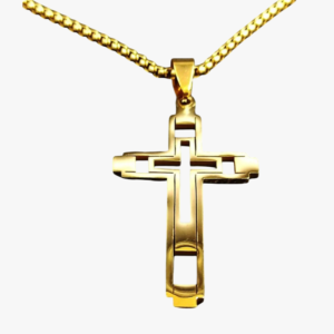 Collier croix homme acier inoxydable doré ajourée double couche chaîne maille vénitienne fond blanc