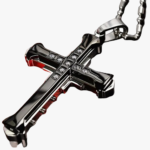 Collier croix homme acier inoxydable noir zircons design gothique sculpté chaîne boule fond blanc