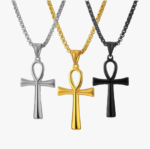 Collier croix homme ankh égyptienne acier inoxydable 3 couleurs doré argenté noir chaîne vénitienne fond blanc