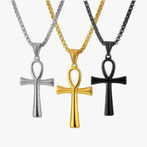 Collier croix homme ankh égyptienne acier inoxydable 3 couleurs doré argenté noir chaîne vénitienne fond blanc