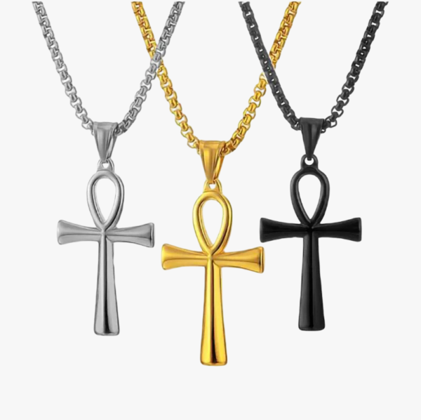 Collier croix homme ankh égyptienne acier inoxydable 3 couleurs doré argenté noir chaîne vénitienne fond blanc