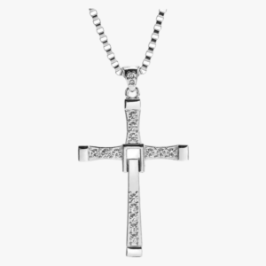 Collier homme argent pendentif croix strass cristaux blancs chaîne maille vénitienne vue détail