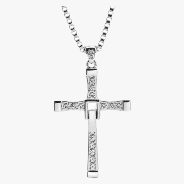 Collier homme argent pendentif croix strass cristaux blancs chaîne maille vénitienne vue détail