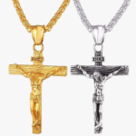 ollier croix homme crucifix acier inoxydable doré et argenté antique pendentif jésus INRI chaîne maille blé deux variantes