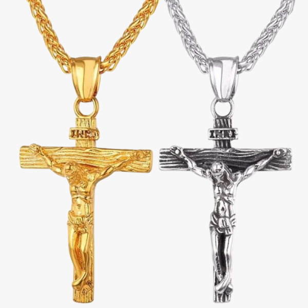 ollier croix homme crucifix acier inoxydable doré et argenté antique pendentif jésus INRI chaîne maille blé deux variantes