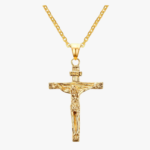 Collier croix de Jésus homme acier inoxydable doré fond blanc