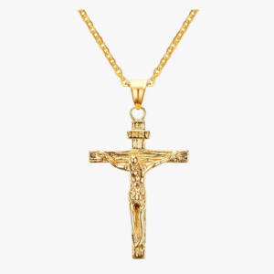 Collier croix de Jésus homme acier inoxydable doré fond blanc