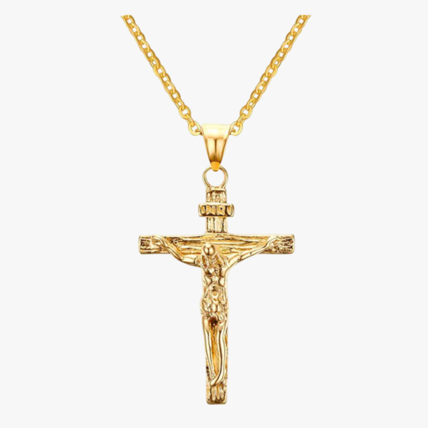 Collier croix de Jésus homme acier inoxydable doré fond blanc