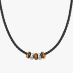 ollier cuir noir homme perles œil de tigre marron rondelles acier argenté cordon tressé centré fond blanc