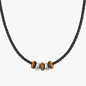 ollier cuir noir homme perles œil de tigre marron rondelles acier argenté cordon tressé centré fond blanc