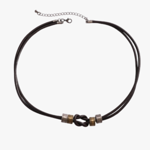 Collier homme cordon cuir marron double brin nœud central anneaux cylindriques métal bronze et acier fond blanc vue complète