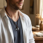 Collier homme cordon cuir daim marron pendentif anneau acier argenté gravé porté sur t-shirt gris et chemise lin blanc, ambiance intérieure chaleureuse