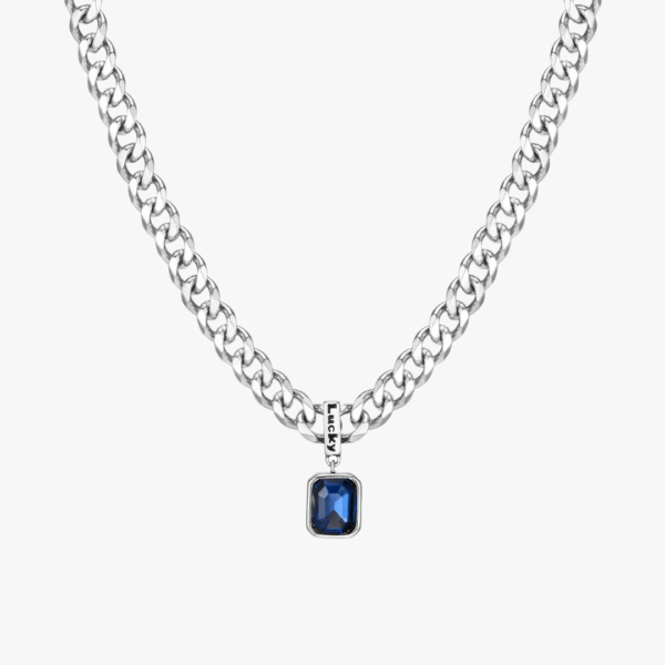 Collier homme gourmette acier inoxydable argenté pendentif zircon bleu fond blanc
