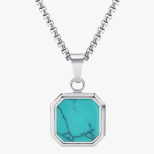 Collier homme pendentif carré acier inoxydable argenté pierre turquoise fond blanc