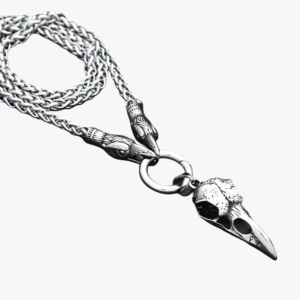 Collier homme pendentif crane de corbeau viking argent acier inoxydable vue cote