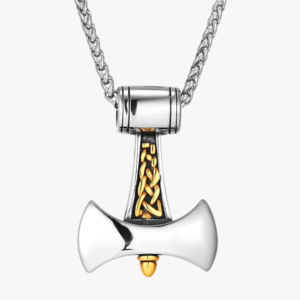 Collier homme pendentif hache viking acier inoxydable argent et or entrelacs celtiques dores fond blanc