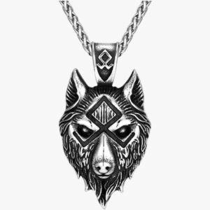 Collier homme pendentif tête de loup viking fenrir argent oxydé acier inoxydable fond blanc