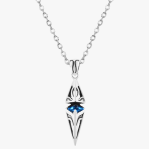 Collier homme pendentif triangle acier inoxydable argenté zircon bleu fond blanc