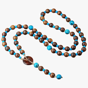 Collier homme perles de bois marron et turquoise naturelle avec pendentif donut ambre cordon beige