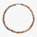 Collier homme perles rondelles bois naturel beige brun fermoir mousqueton fond blanc 6 mm