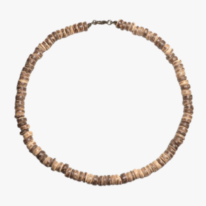Collier homme perles rondelles bois naturel beige brun fermoir mousqueton fond blanc 6 mm
