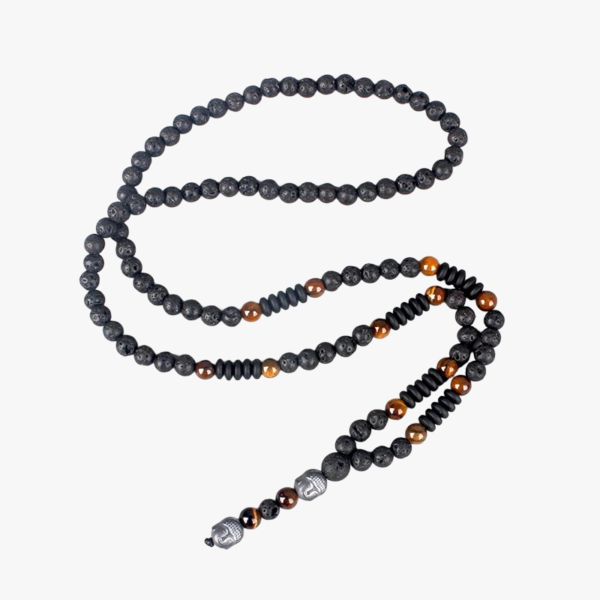 Collier homme pierre œil-de-tigre noir marron 70 cm vue complète déroulée fond blanc