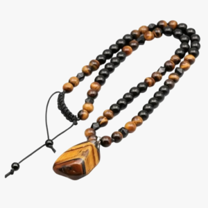 Collier oeil de tigre homme marron et obsidienne noire pendentif pierre naturelle cordon noir ajustable fond blanc