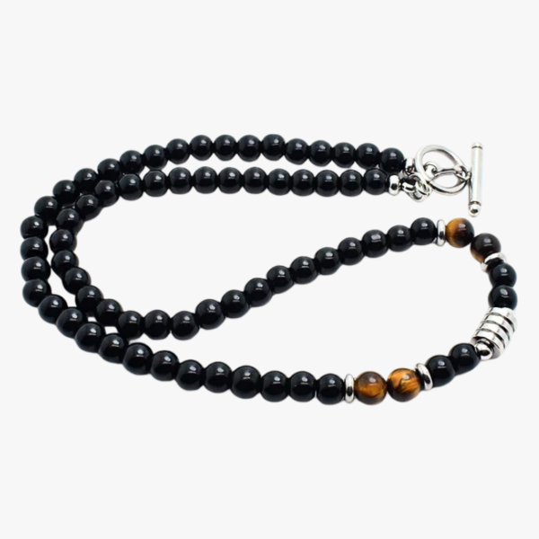 Collier œil de tigre homme perles noires onyx acier inoxydable fermoir toggle fond blanc