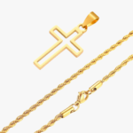 Collier pendentif croix ajourée homme acier inoxydable doré chaîne corde fond blanc