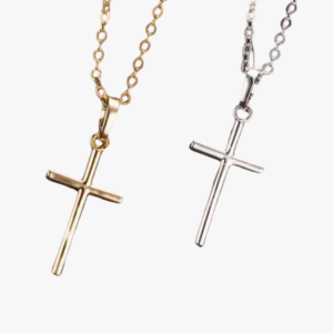 Collier pendentif croix fine minimaliste acier inoxydable argent et doré deux variantes fond blanc