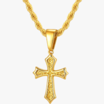 Collier pendentif croix gothique en acier inoxydable doré gravure arabesque chaîne corde homme