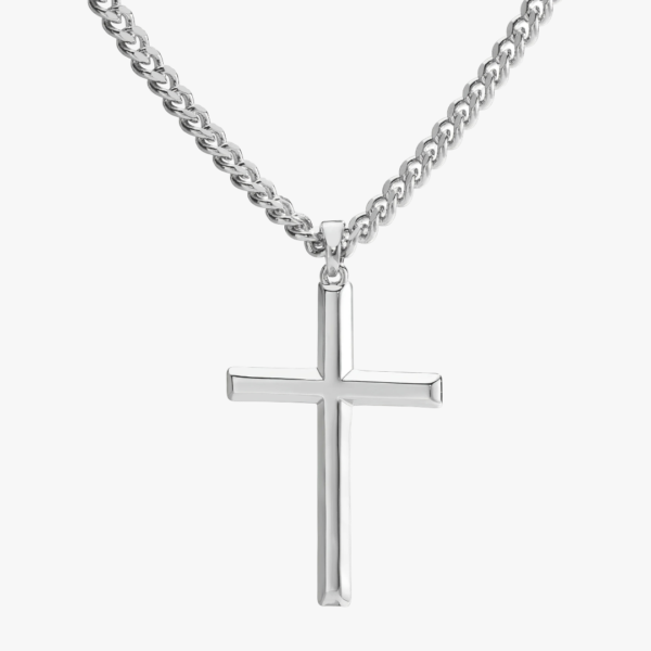 Collier pendentif croix homme argent 925 chaîne cubaine 50 cm fond blanc